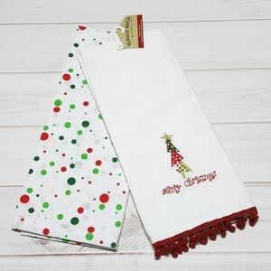 Sleigh Bells Bistro Embroidered 2 Piece Christmas Kitchen Towel Set New With Tag
